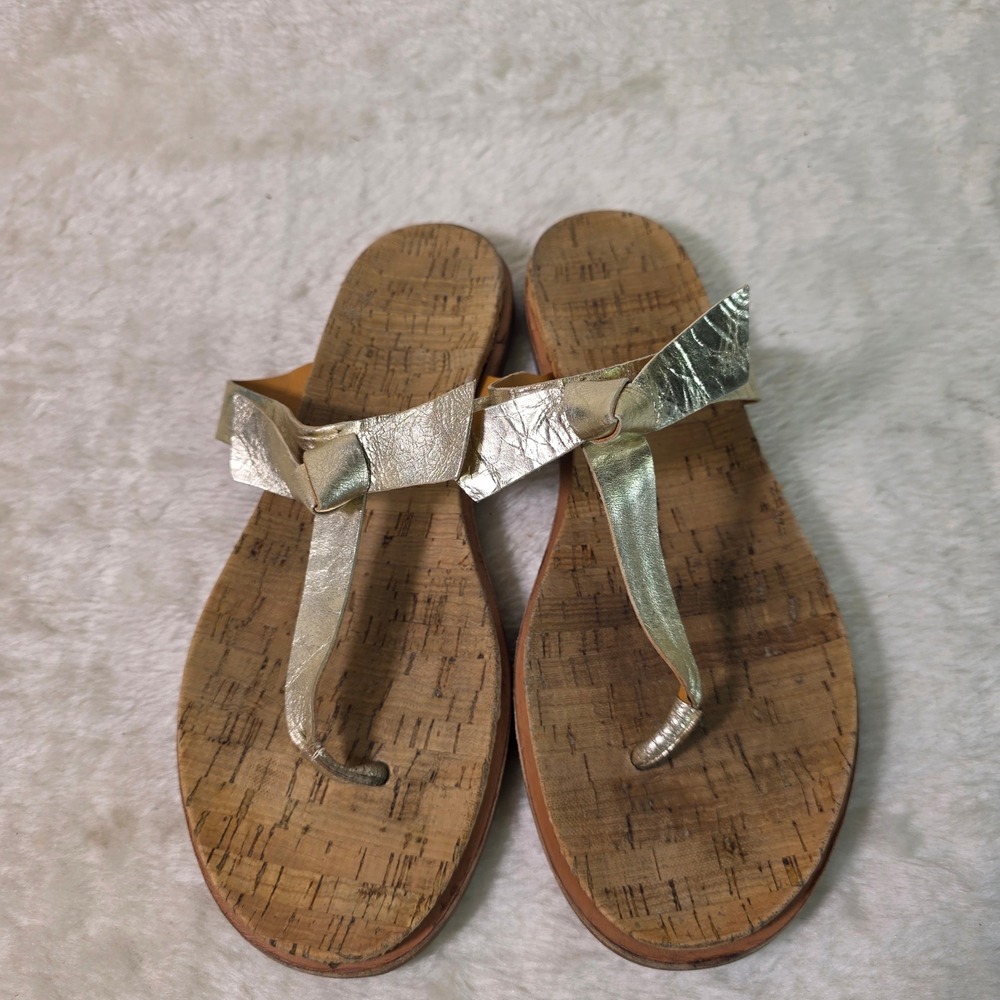 Kork-Ease T-Strap Slide Thong Sandals Gold Leather Bow Womens 11